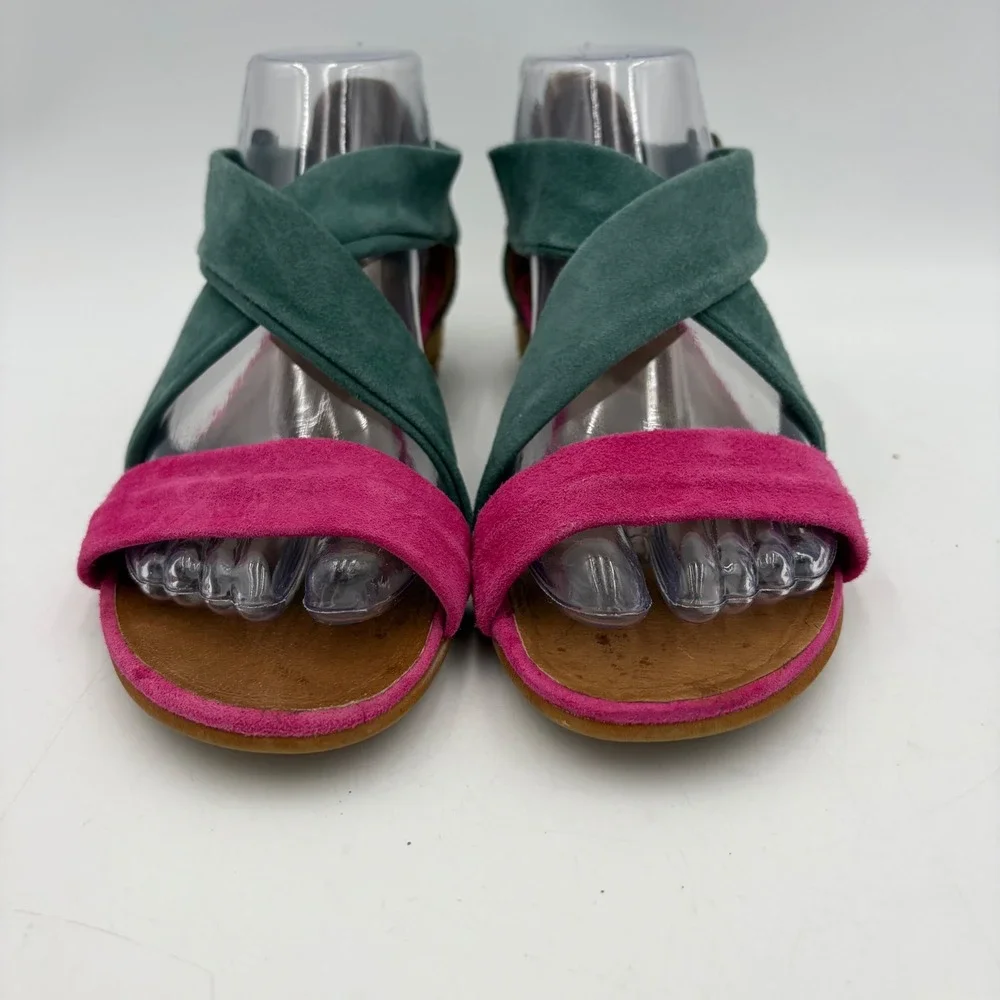 Suede Espadrille Sandals Flats Teal Pink Colorblock Artsy Spain Women 6-6.5 READ